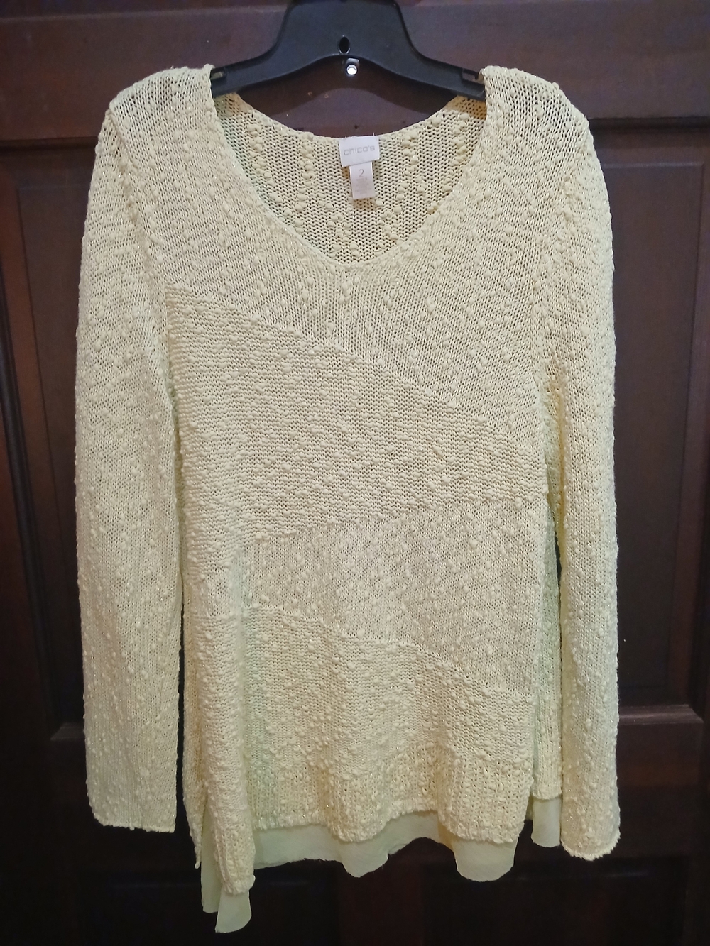 Chico's Light Yellow Knit Sweater Size 2 Large Metallic Thread For Sparkle